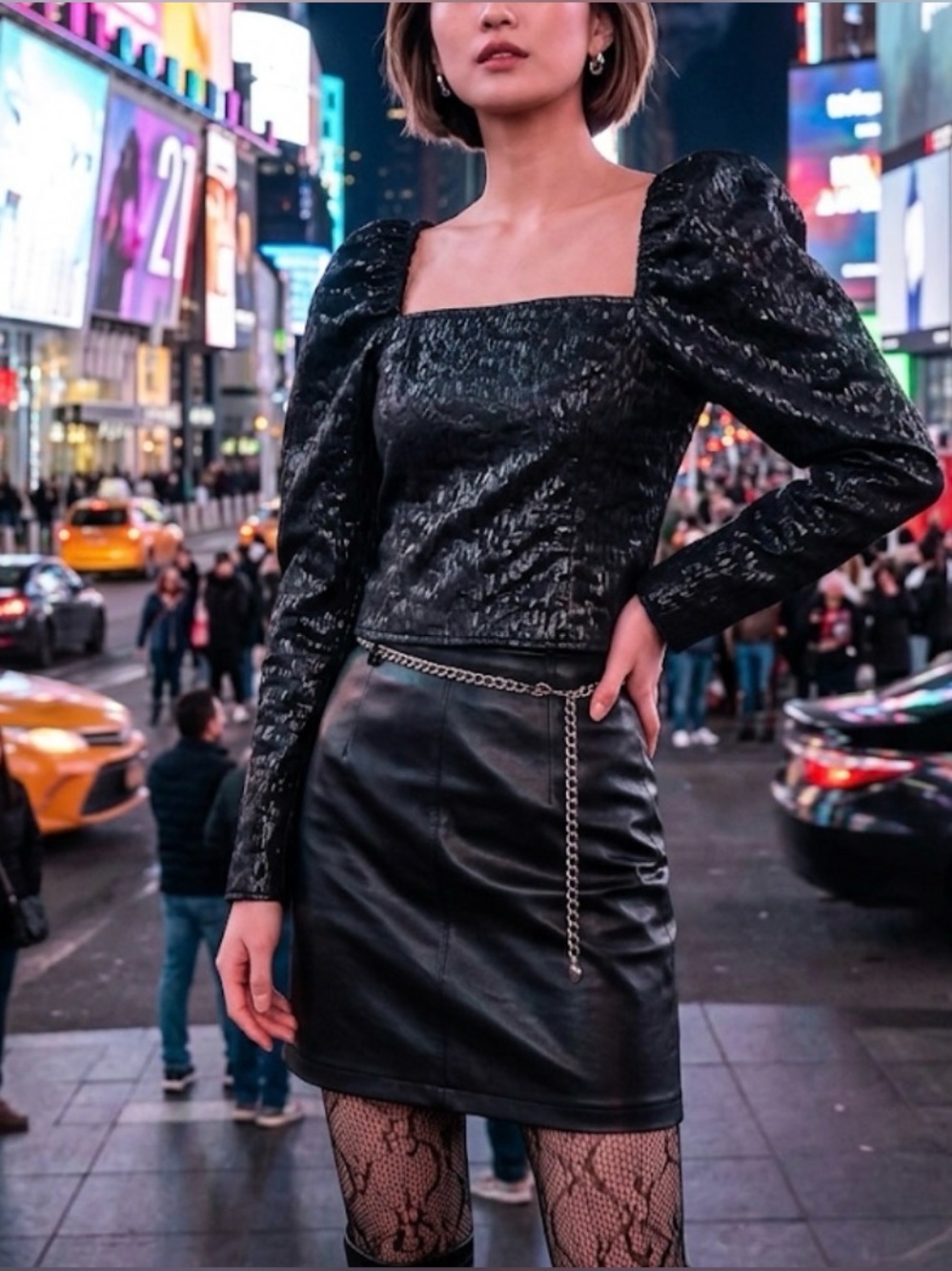 H&M Black Shimmery Puff-Sleeve Top